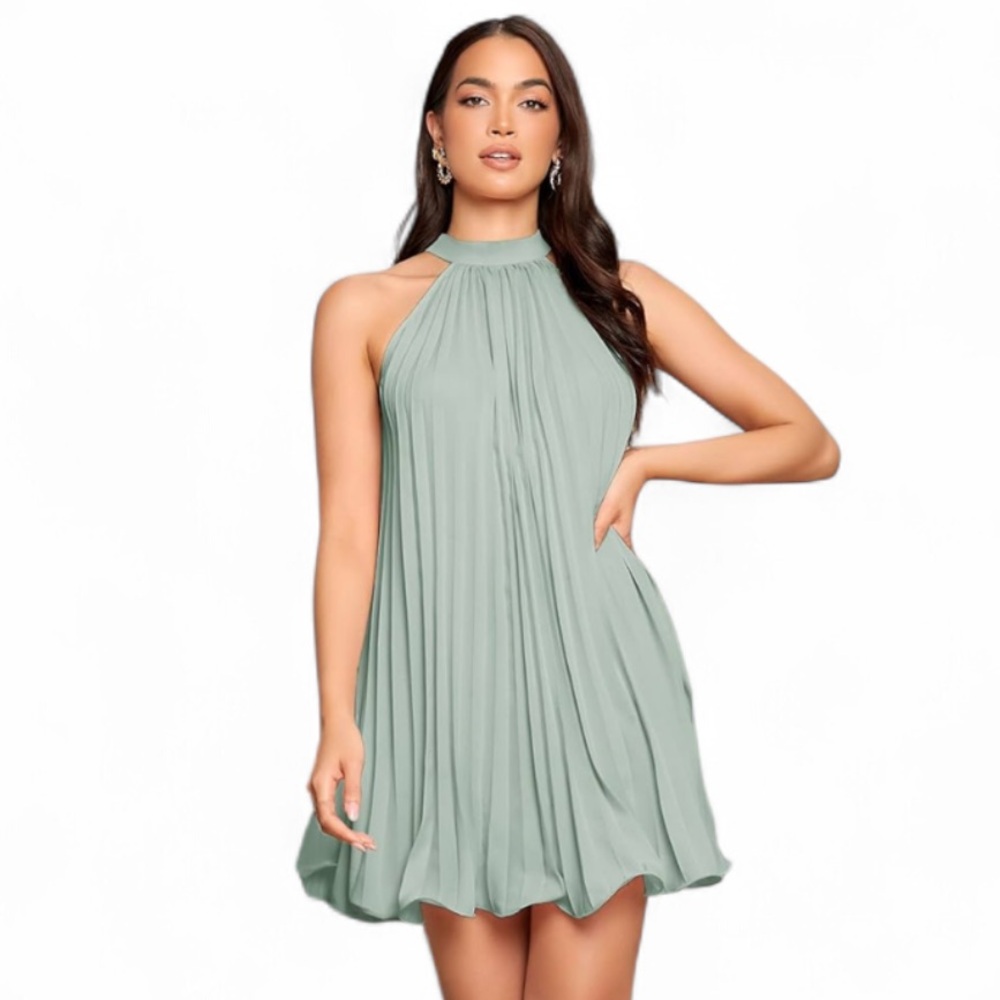 Neeno Sleeveless Halter Neck Tie Back Pleated Mini Dress Mint Green Size M